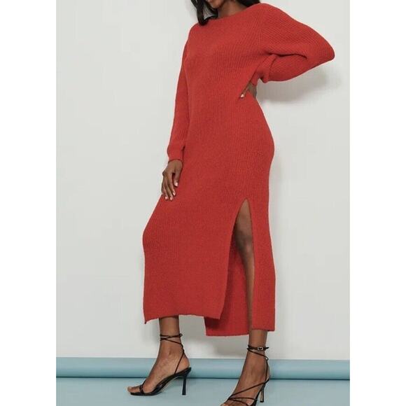 NWT NAKD Knitted Open Back Wide Sleeve Slit Sweater Dress Red Women's Size S/M - Picture 2 of 12
